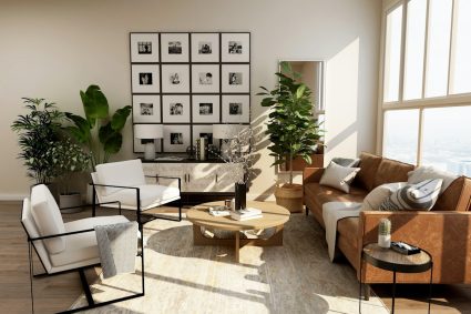 Serene warm minimalist living room featuring curved linen sofa and organic travertine coffee table