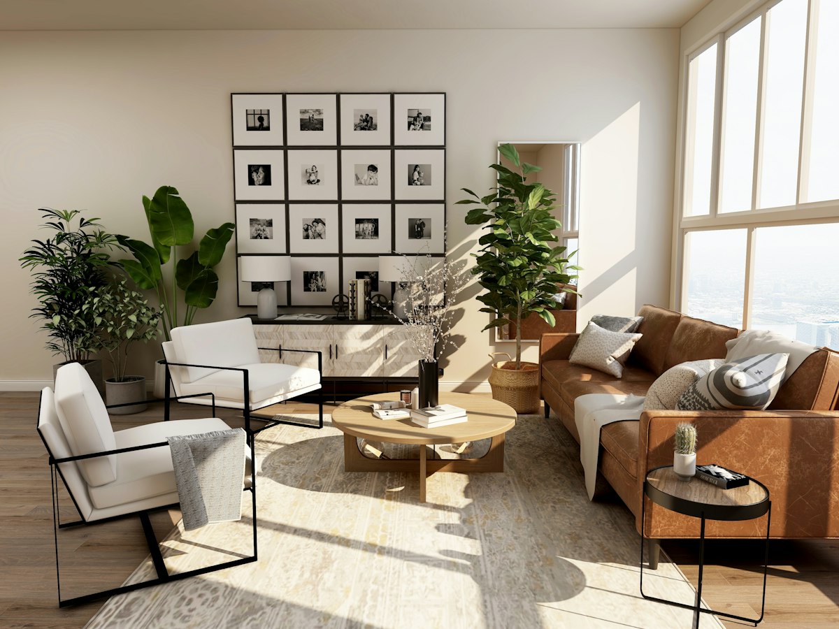 Serene warm minimalist living room featuring curved linen sofa and organic travertine coffee table