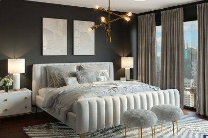 Pristine white five-star hotel-caliber bed layered with crisp percale sheets and plush goose down duvet