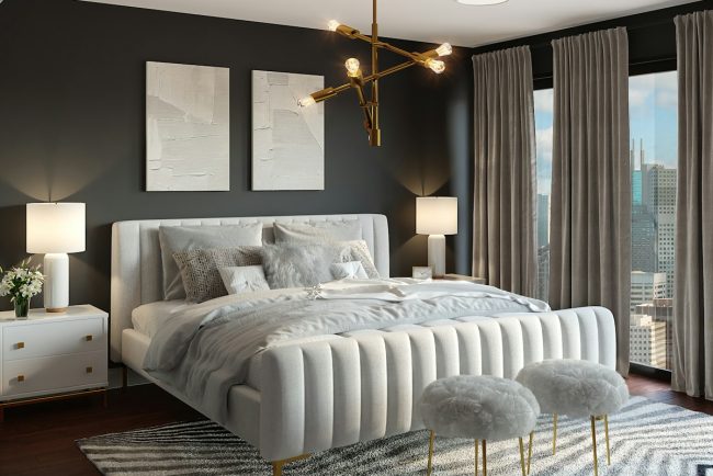 Pristine white five-star hotel-caliber bed layered with crisp percale sheets and plush goose down duvet