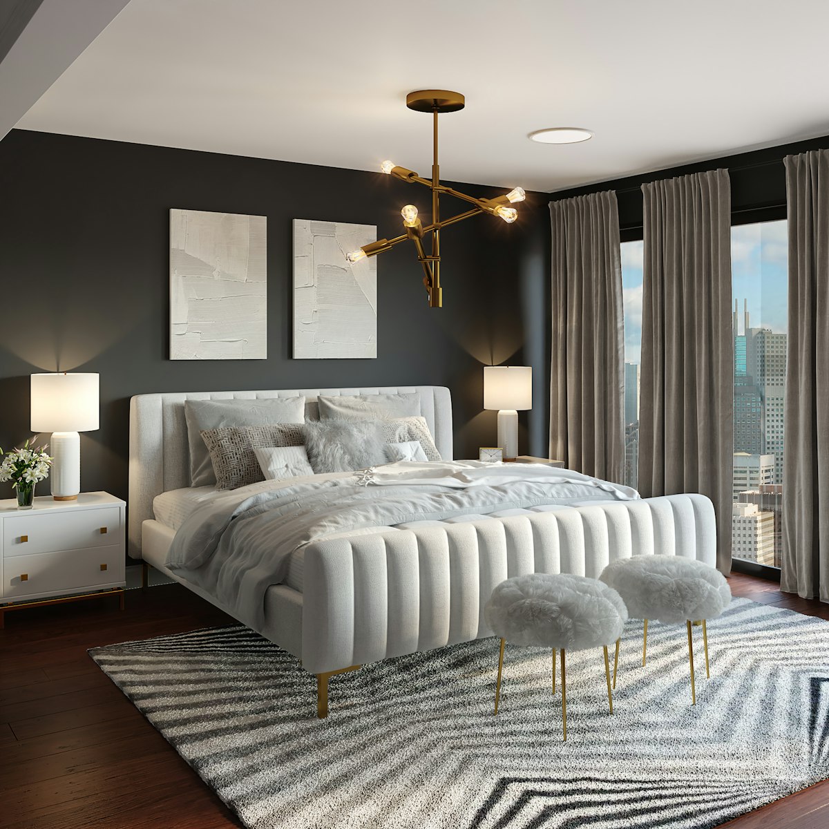 Pristine white five-star hotel-caliber bed layered with crisp percale sheets and plush goose down duvet